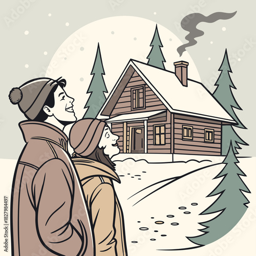 Couple Admiring Cozy Cabin in Winter Wonderland Illustration.