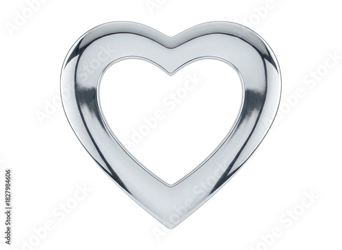 Glossy Silver Heart Outline Isolated on Black Background Reflecting Light Studio Shot