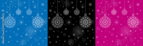Blue, black, pink merry christmas design with snowflake, white hanging bauble vector. Winter holidays card design to use for merry christmas cards, new year banner advertising, holiday greetings. 