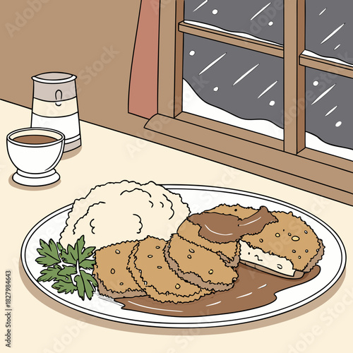 Cozy Winter Meal Illustration of Comfort Food by the Window.