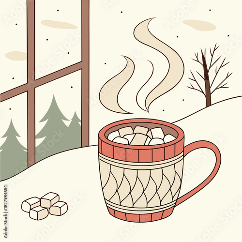 Cozy Winter Scene with Hot Chocolate and Marshmallows.