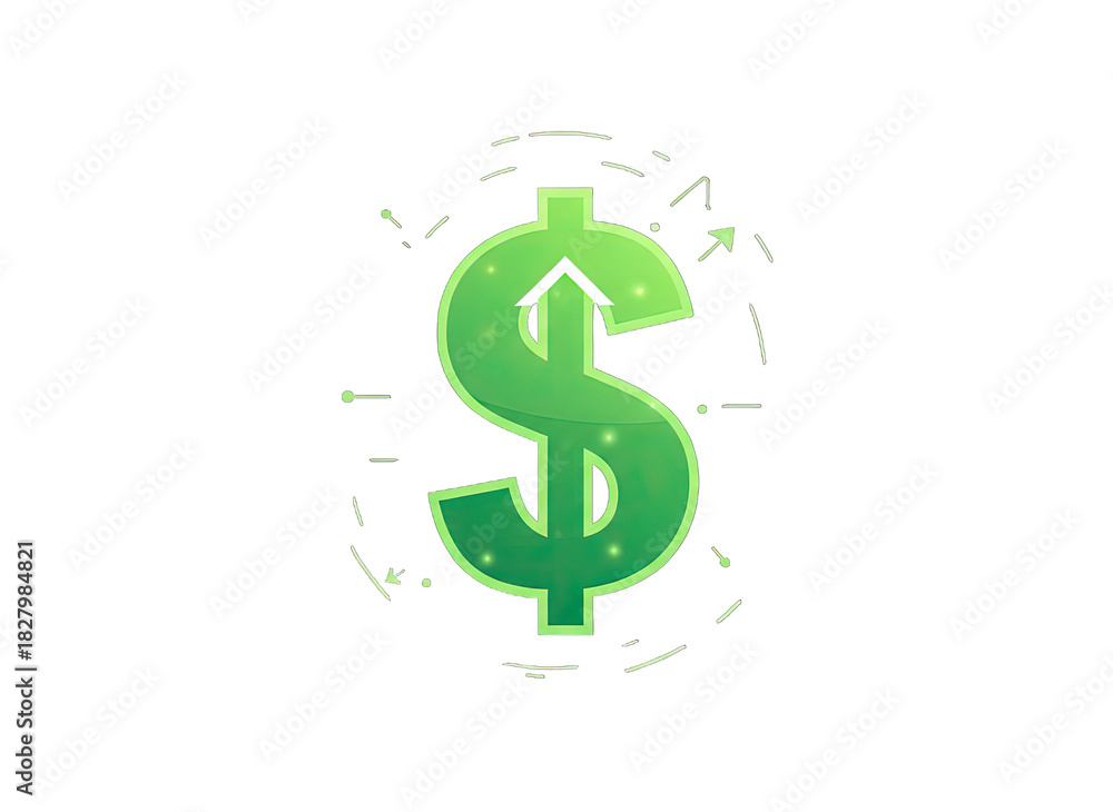 Fototapeta premium Glowing Green Dollar Sign Icon with Upward Arrow and Digital Aura on Black Background Symbolizing Financial Growth and Success