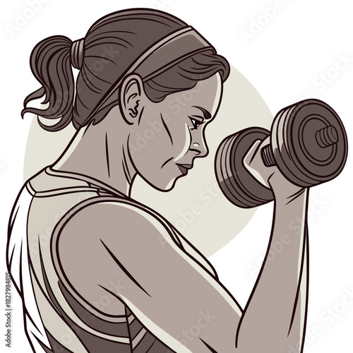Determined Woman Lifting Dumbbell in Focused Workout Illustration.