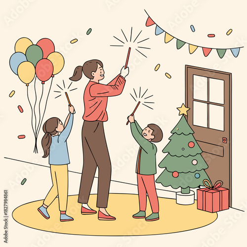 Family Celebrating with Sparklers and Balloons at Home.