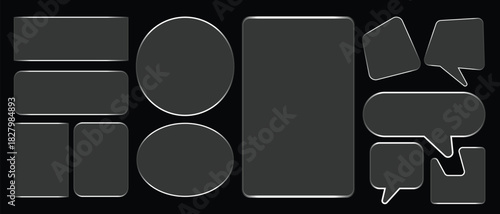 Sleek dark gray graphic elements diverse collection of buttons, circles, ovals, and message boxes for digital design applications