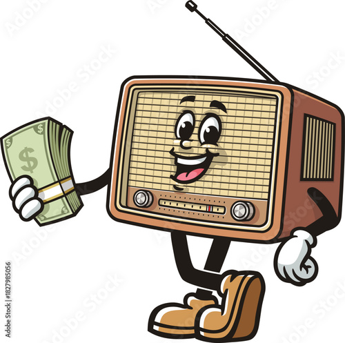 Radio mascot cartoon holding cash