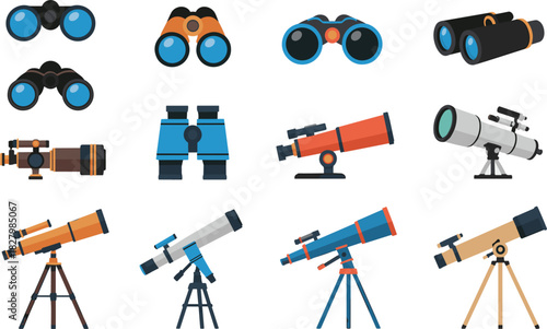 Assortment of Binoculars and Telescopes on White Background optics viewing