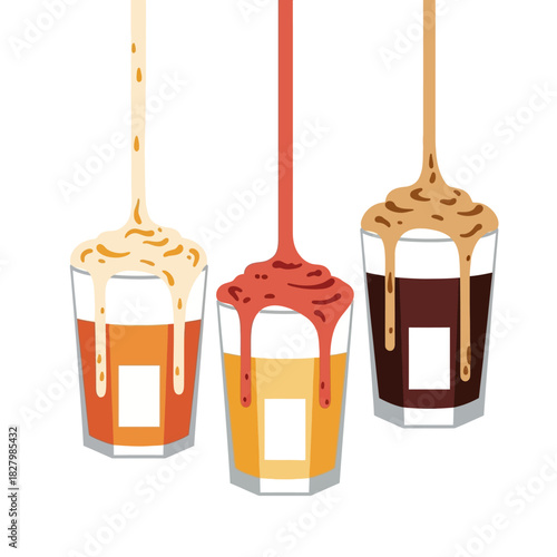 Whimsical graphic illustration of colorful sweet liquid drizzles artfully pouring into modern stylized glasses with a playful culinary theme