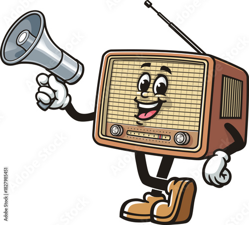 Cartoon Radio mascot holding a megaphone or loudspeaker