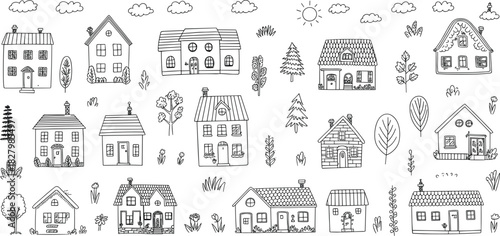Collection of hand-drawn doodle houses and trees with sun and clouds home building