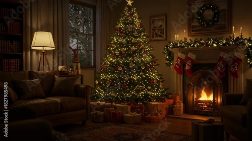 Wallpaper Mural Illuminated Christmas Tree with Ornaments and Gifts beside Fireplace with Stockings in Living Room with Brown Sofa and Evening Lighting Torontodigital.ca