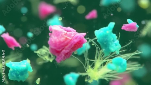 Extreme close-up macro video of neon-pink, turquoise, yellow-green microplastic particles slowly drifting in deep cerulean liquid with soft bokeh, visualizing pervasive environmental pollution