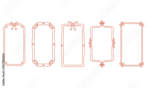 Minimalist hand-drawn coral-orange frame set featuring five whimsical rectangular designs with bows and decorative accents