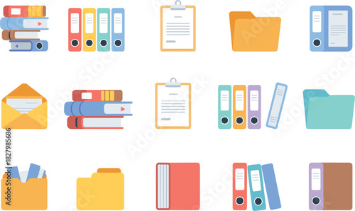 Collection of Office Supplies Folders Binders and Documents on White Background vector illustration