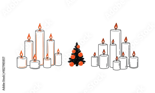 Minimalist hand-drawn holiday illustration featuring an evergreen tree with orange ornaments and sketched festive candles