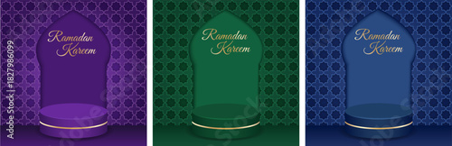 Set of square vector banners featuring Ramadan podiums, traditional blue, purple, and green patterns