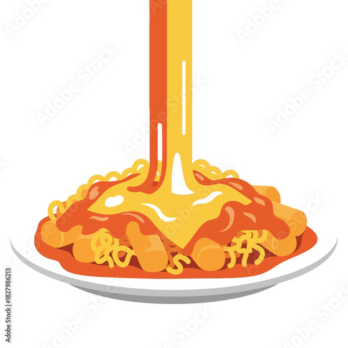 Deliciously gooey cheese sauce cascading over a vibrant plate of hot noodles and savory sausages, a perfect comfort food illustration