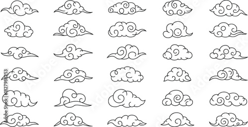 Set of stylized Japanese clouds in black outline on white background weather Asian
