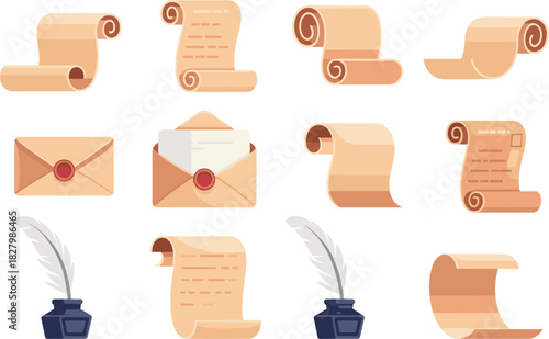 Vintage Writing Implements and Correspondence on White Background scroll paper