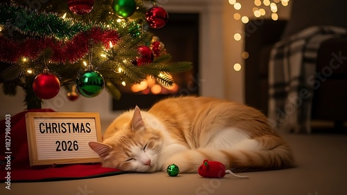 Sweet dreams of Christmas 2026 with ginger cat napping under the festive tree, creating a warm cozy holiday scene filled with joy and anticipation