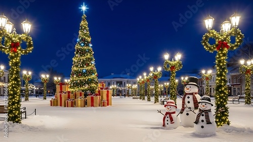 Enchanting Christmas scene with snowmen and a beautifully decorated tree under a dark blue sky, perfect for holiday promotions and winter celebrations