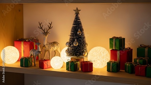 Warm holiday glow with miniature tree, deer figurines, and festive presents, perfect for Christmas greetings and cozy winter scenes, ideal for holiday decor.