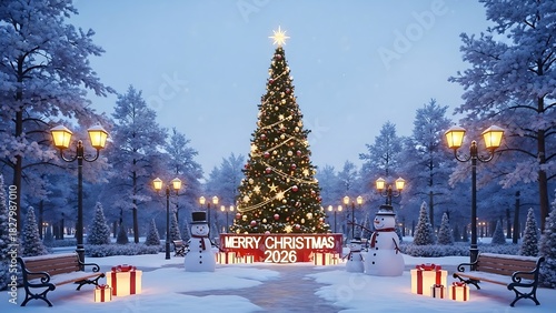 Celebrate a magical Merry Christmas 2026 with a festive tree, snowmen, and glowing gifts in this stunning winter park scene offering holiday cheer
