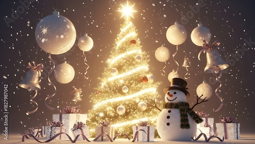 Sparkling Christmas tree with gifts and snowman evokes holiday joy, perfect for festive greetings and seasonal promotions with magical winter atmosphere