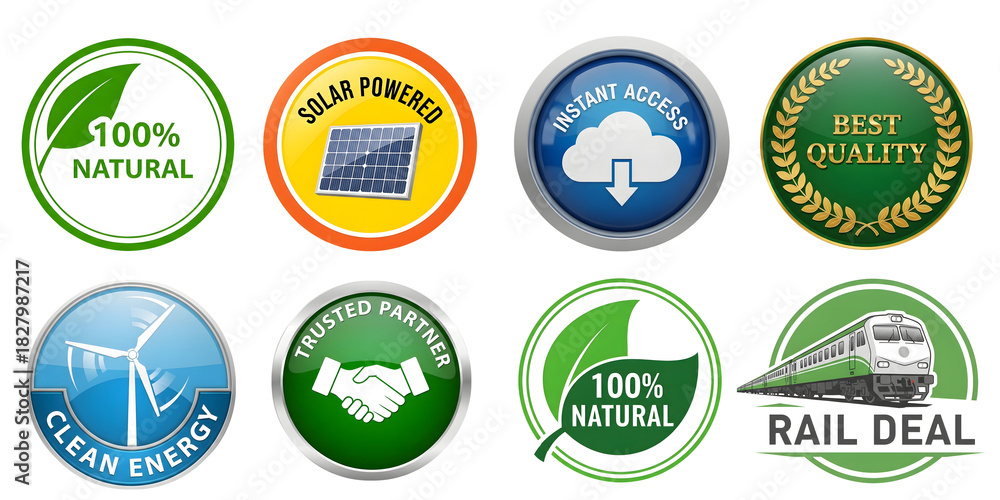 Fototapeta premium Comprehensive Environmental and Quality Assurance Vector Badge Set Trusted Partner, Clean Energy, Instant Access, Solar Powered, and 100% Natural Stickers for Product Labeling.
