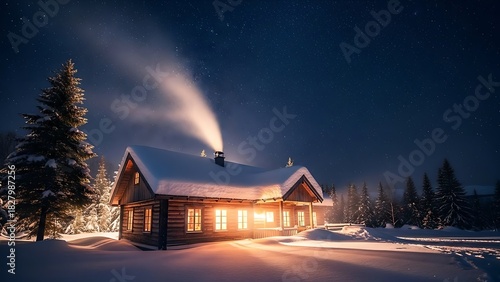 Experience the Warmth of a Cozy Winter Cabin at Night Under a Stunning Starry Sky, Ideal for Holiday Greetings, Travel Ads, and Home Decor Projects
