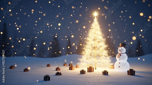 Enchanting Christmas scene with glowing tree, friendly snowman, and scattered gifts in a winter wonderland sparking holiday cheer and festive spirit