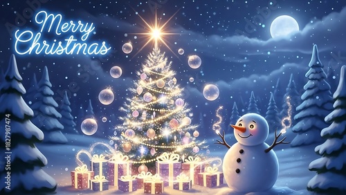 Enchanting Christmas night scene with snow-covered trees, gifts, snowman and sparkling Christmas tree under the moonlight, creating a magical festive atmosphere