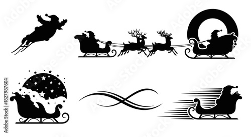 Selection of Winter Sleigh with Santa Claus Vector Graphics Featuring Reindeer Flying and Detailed Decorations Suitable for Festive Holiday Projects Long Format