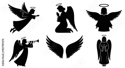Angels Silhouettes Collection Winged Figures with Halos Praying Angel Flying Angel Vector Illustration Background Design Isolated on White