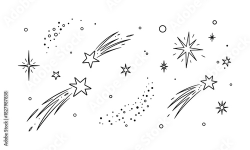 Whimsical black and white celestial illustration featuring shooting stars, scattered sparkles, and dreamy line art composition