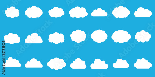 Diverse collection of vector cloud shapes on a bright blue background, ideal for weather, nature, and clear sky graphic designs