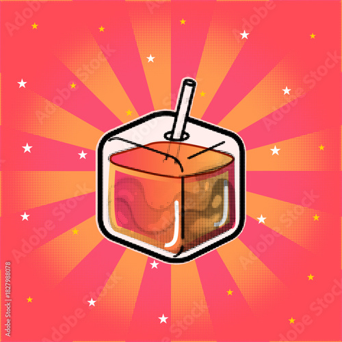  A colorful juice box icon in a retro pop art comic style with a halftone effect on a red and orange starburst background, vector illustration