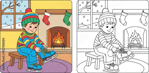 Coloring book page for kids with color reference. Cute boy putting on ice skates near fireplace with Christmas stockings. Winter holiday activity vector illustration.
