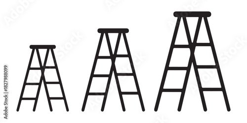Three different sized step ladders, arranged from smallest to largest, creating a visual progression of size and scale on a white background, simple illustration
