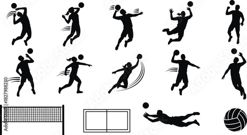 Volleyball players in action with ball net and court, volleyball, sport, player, action, jump, hit, serve, spike, block, dive, ball, net, court, game, team, male, female, silhouette, black and white, 