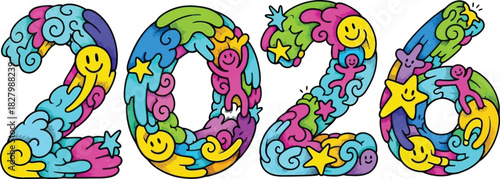 Vibrant doodle art illustration of the year 2026 filled with happy faces stars and abstract swirling colorful shapes