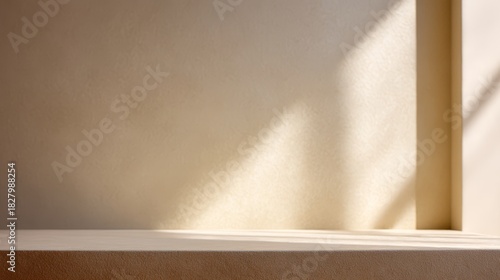 Closeup view of a table in a beige tone with soft shadows creating a calm atmosphere, perfect for a quiet moment or creative work in a serene space