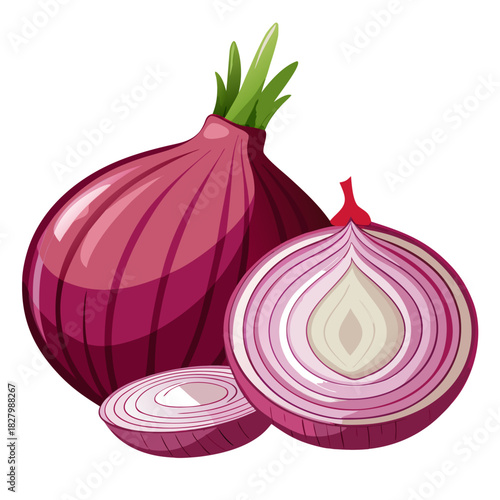 Fresh red onion whole and sliced
