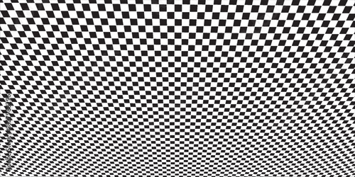 Chess board optical visual illusion, checkerboard banner template. Small black and white checker squares, vector abstract background.