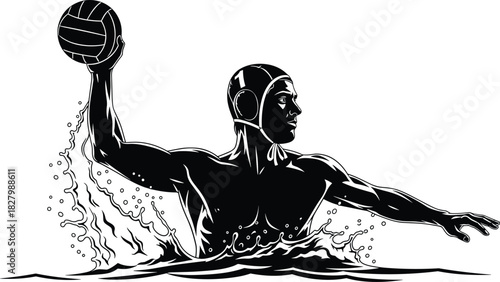 Black and white water polo player throwing ball in water, water polo, athlete, sport, ball, throwing, water, splashing, swimming, cap, muscular, male, action, dynamic, graphic, silhouette, black and w
