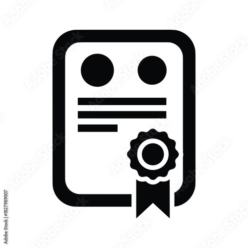 Simple black icon of a formal certificate document with a rosette seal, isolated on