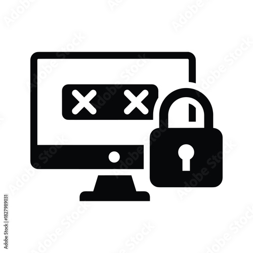 Security icon computer monitor, masked password field, and closed padlock, isolated on white