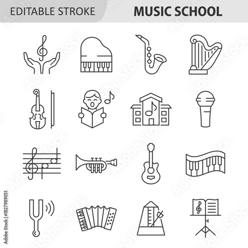 Music school line icon set. Collection of musical instruments including piano, saxophone, harp, violin, trumpet, guitar, accordion.