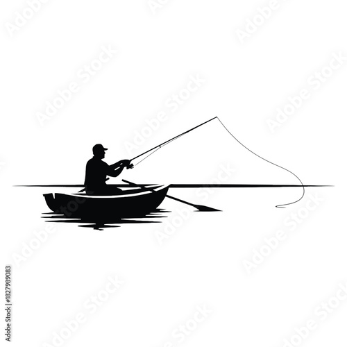 A silhouette of a fisherman in a small boat on calm water