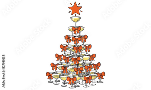 Hand-drawn festive champagne tower illustration shaped like a Christmas tree with bows, star, and cheerful holiday style